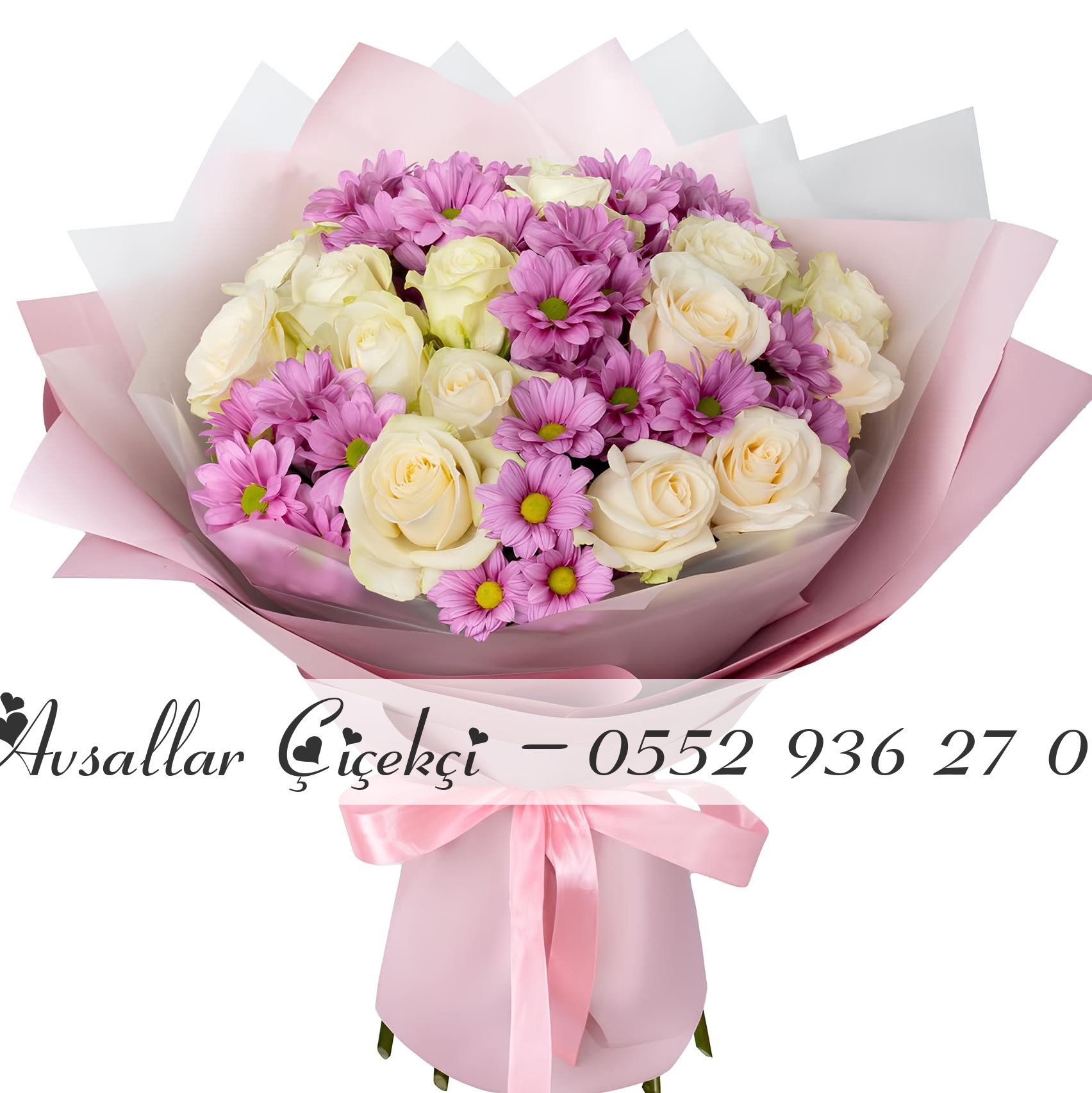 21 Beyaz Gül Ve Mor Papatya Buketi