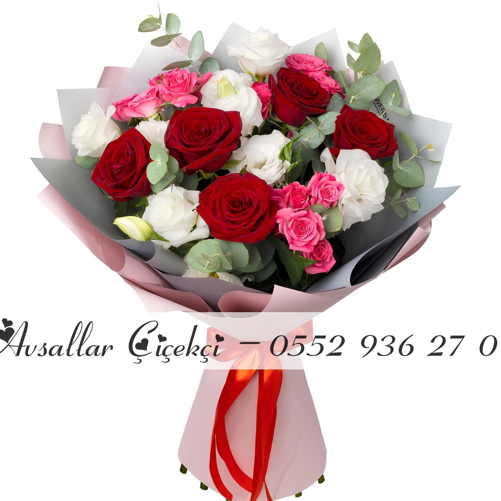 5 Kırmızı Ve Beyaz 3 Pembe Gül Buketi