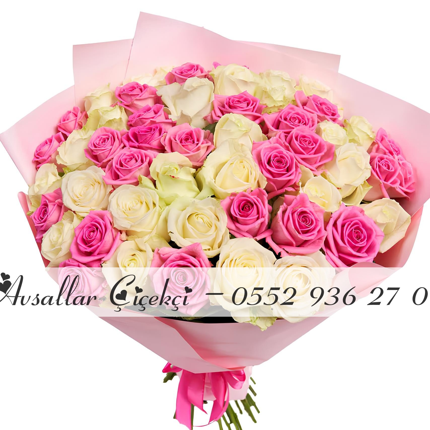 51 Adet Pembe Ve Krem Gül Buketi