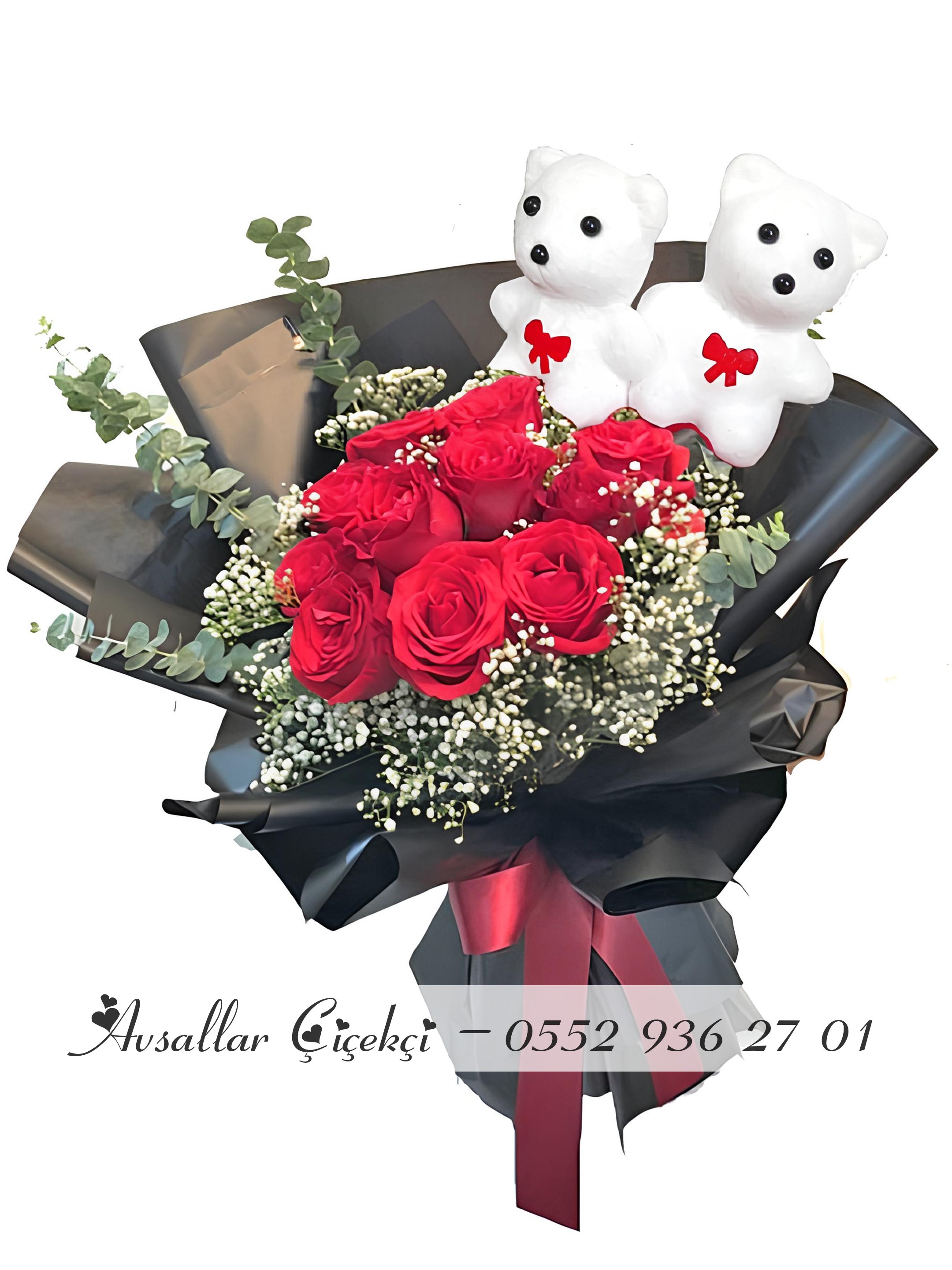 9 Kırmızı Gül Ve Sevimli Ayıcık Buketi