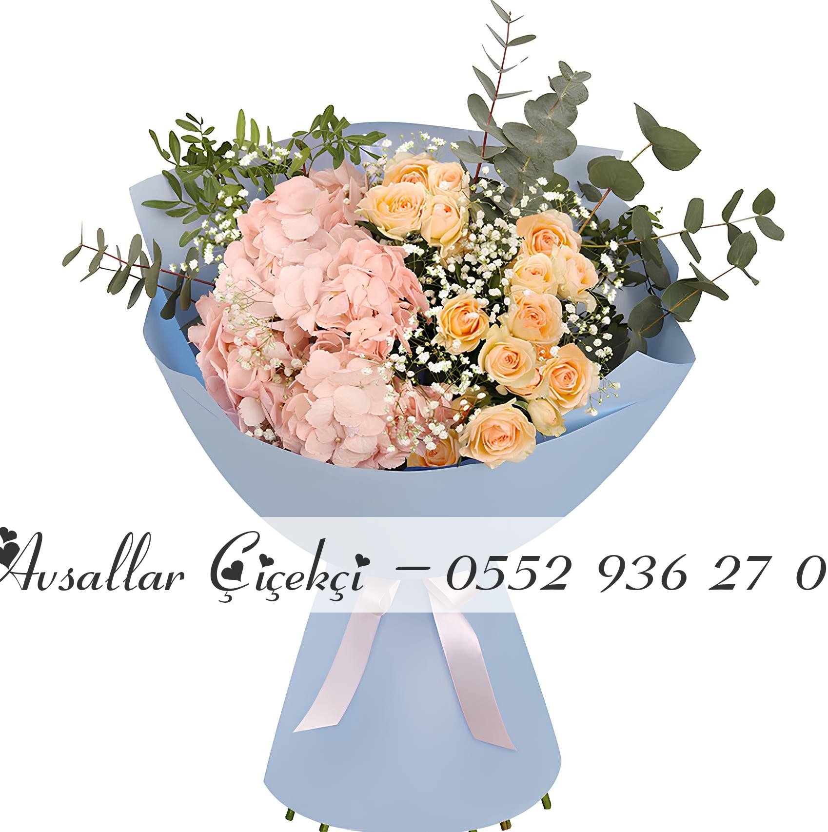 Pembe Ortanca Süslü Buket