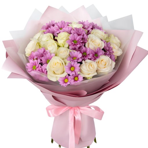 21 Beyaz Gül Ve Mor Papatya Buketi