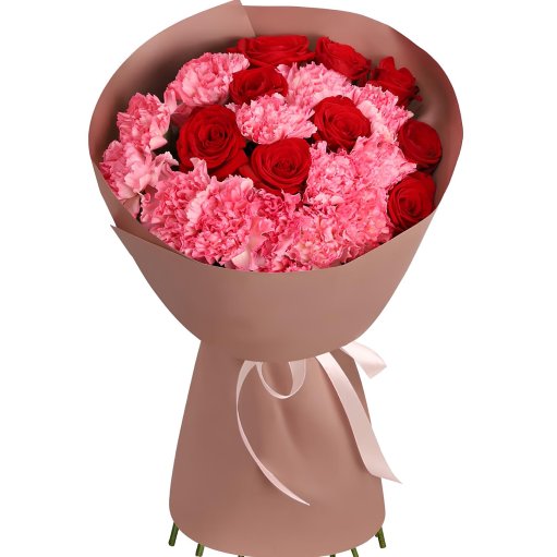 9 Gül Ve 12 Pembe Karanfil Buketi