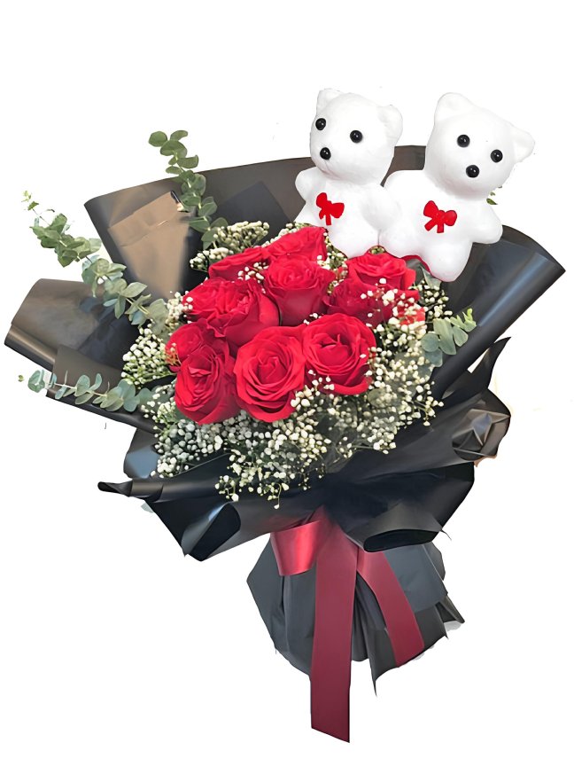 9 Kırmızı Gül Ve Sevimli Ayıcık Buketi